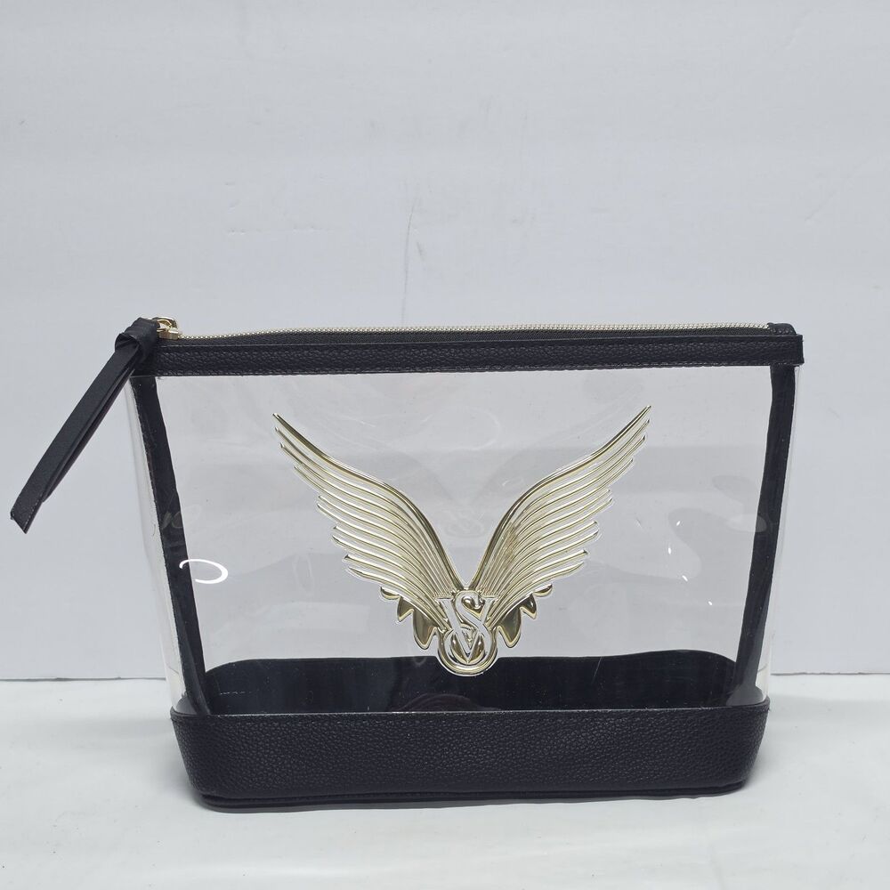 Victoria's Secret Angel Wings Clear Black Makeup Cosmetic Bag Gold Logo Pouch